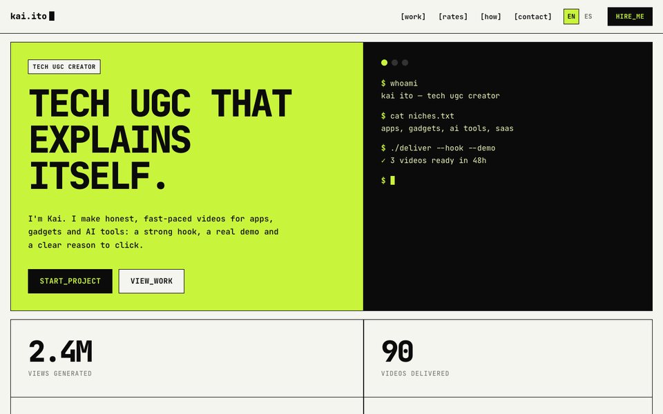 Voltio template: lime green terminal-style portfolio for a tech UGC creator